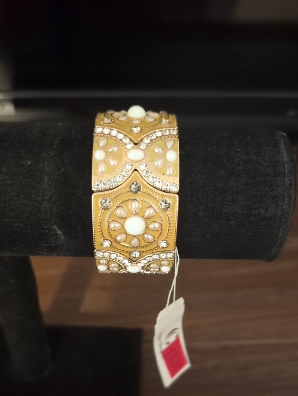 Gold-Tone White Stone Floral Bangle Bracelet